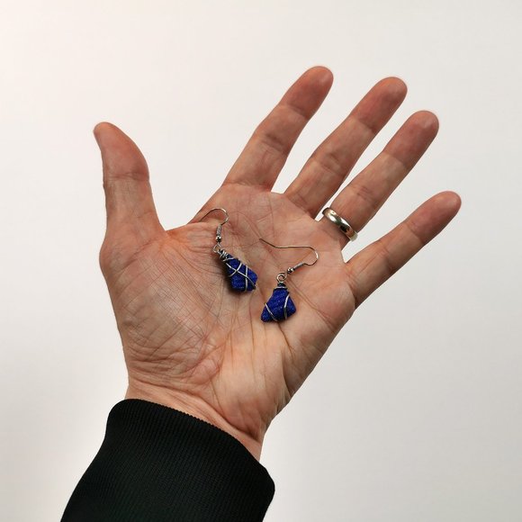 Silver Wire Wrapped Blue Tile Asymmetric Earrings - Picture 5 of 9